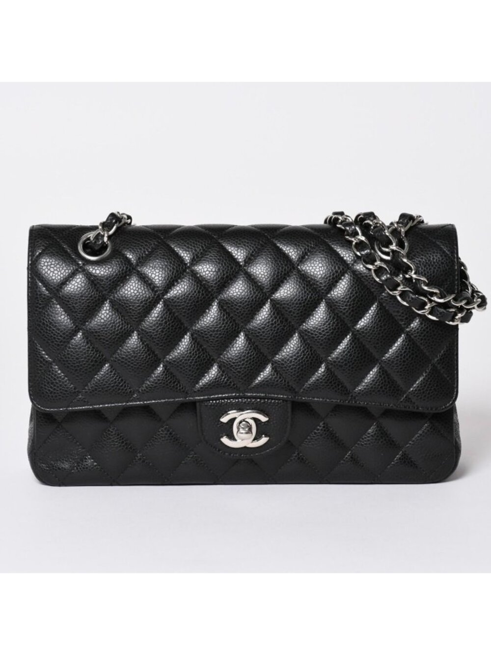 Chanel Quilted 25 Double Flap Chain Shoulder Bag Caviar Leather Silver